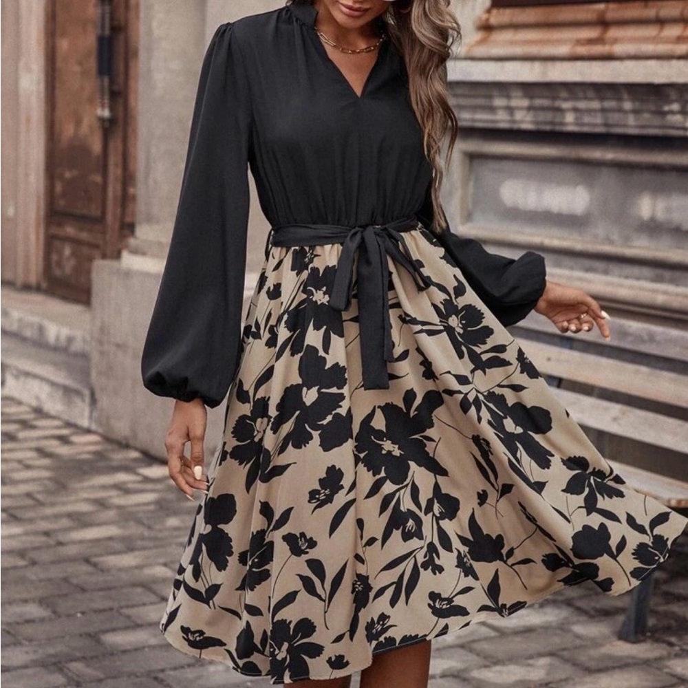 Floral Long Lantern Sleeve Belted Dress